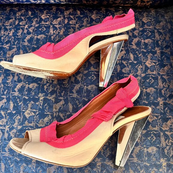 LANVIN Eté 2009 Beige and Pink Canvas Slingback Peep Toe Sandals Size 37.5 - Picture 5 of 15